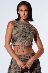 QUEEN OF LOVE DISTRESSED TOP IN GREEN