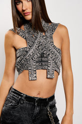 DONITA DENIM HALTER NECK CROP TOP