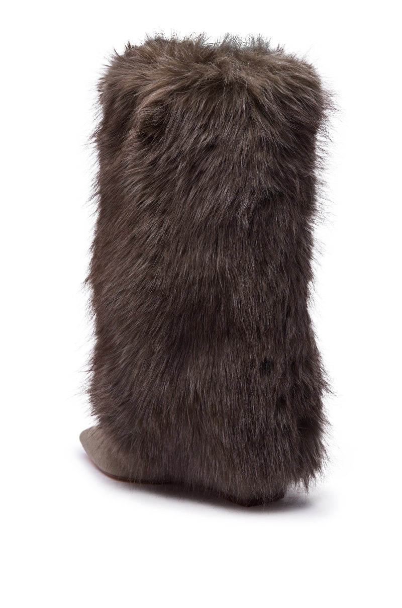 AZALEA WANG BRIASH OLIVE WEDGE FUR BOOTIE