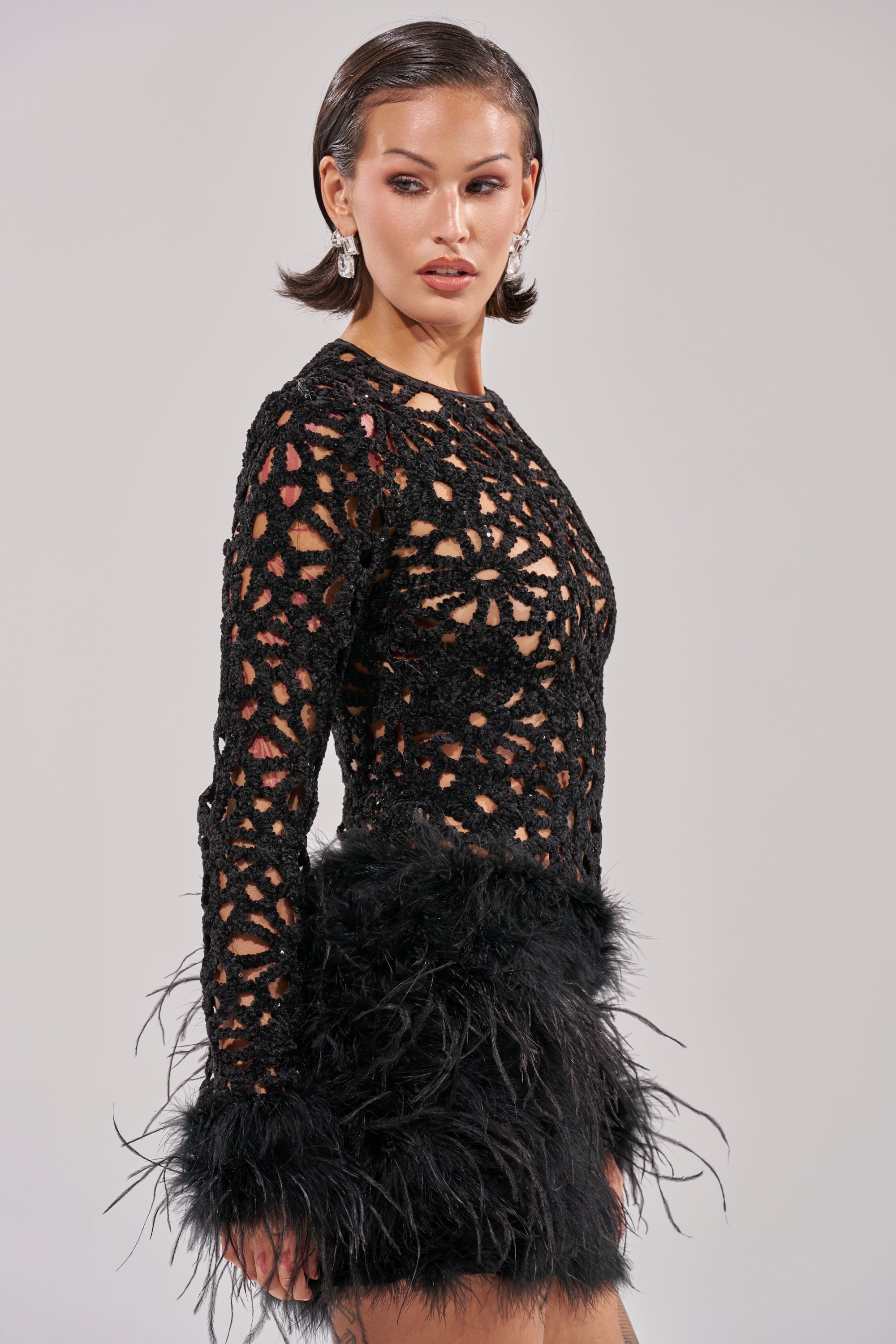 WHO ME? KNIT CROCHET MINI DRESS WITH FEATHERS