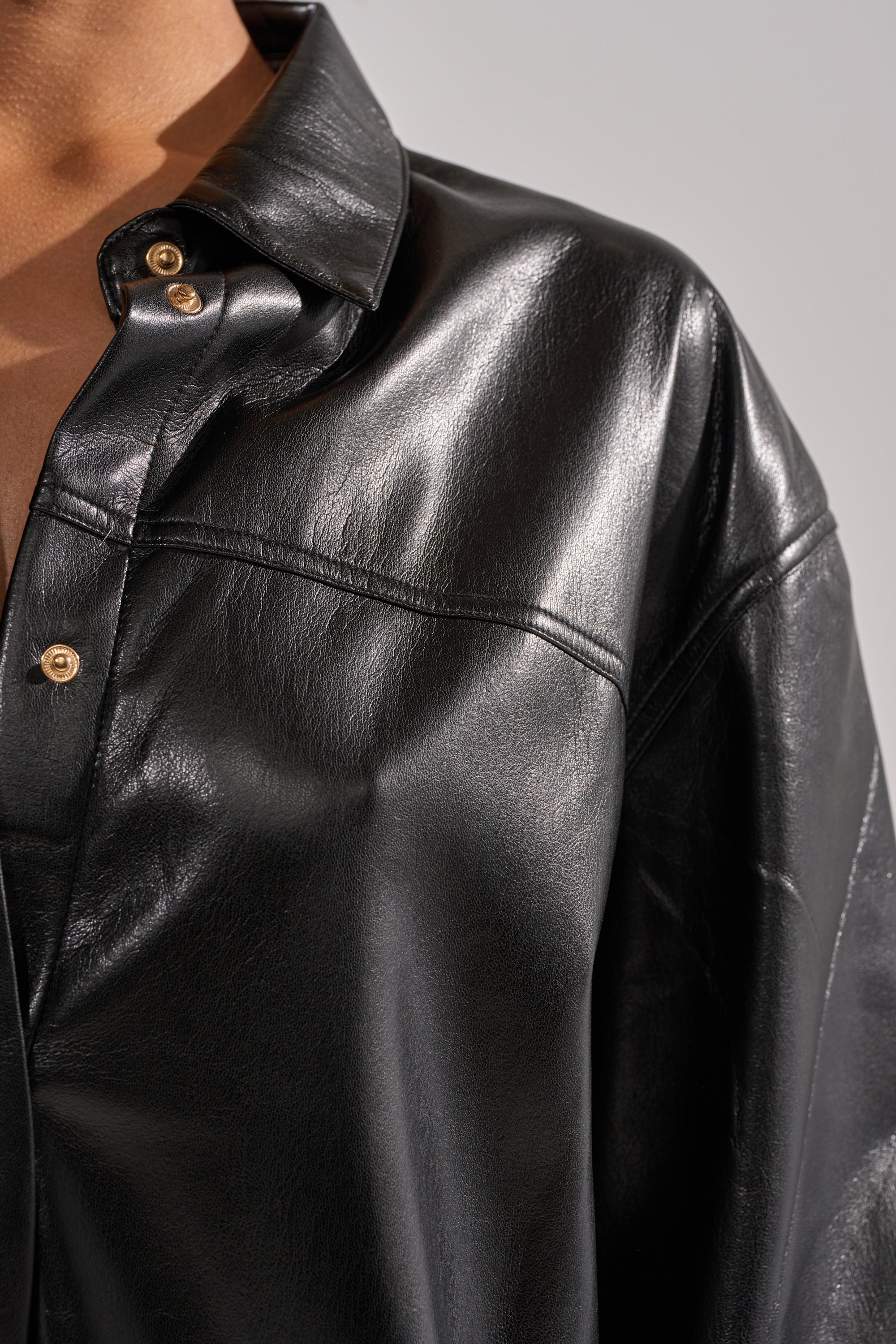 GET WITH IT FAUX LEATHER BUTTON DOWN