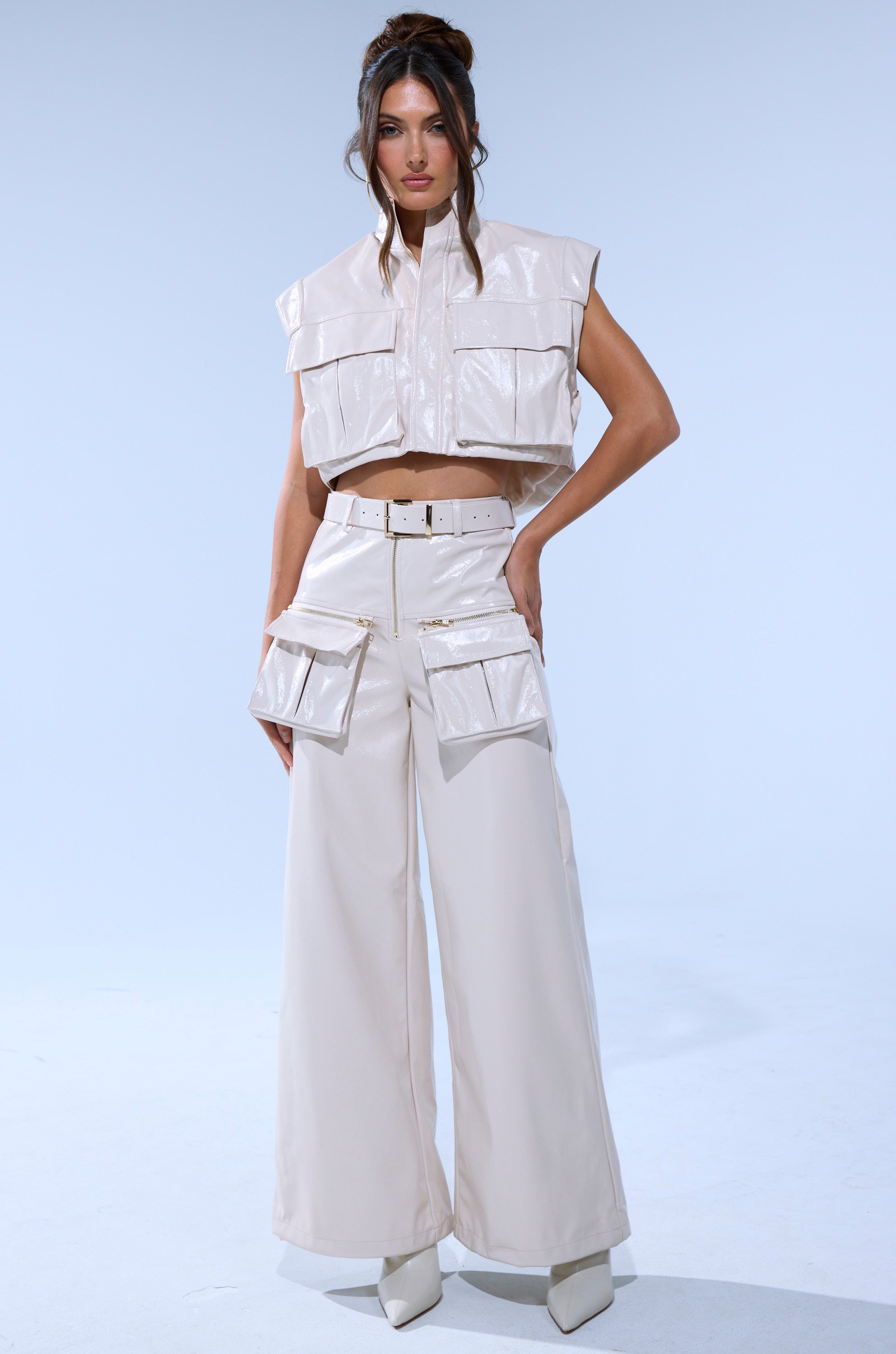 SHOW STOPPER FAUX LEATHER ZIP UP TOP