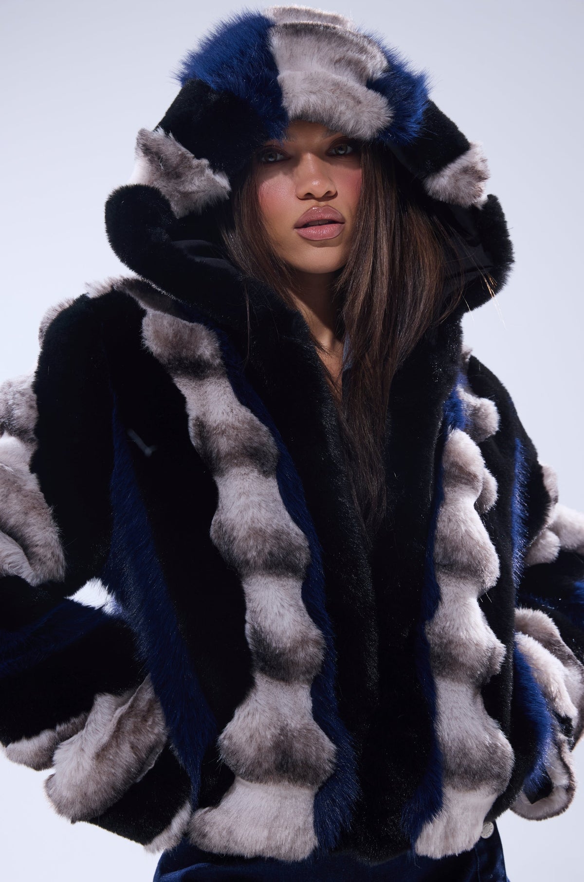 SUPERNOVA PANELED FAUX FUR IN BLUE MULTI