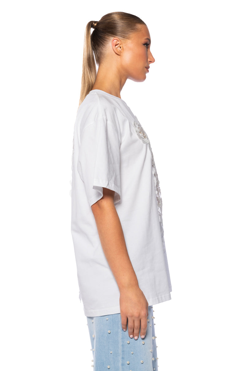 CARA SHEER LACE DETAILED T SHIRT IN WHITE