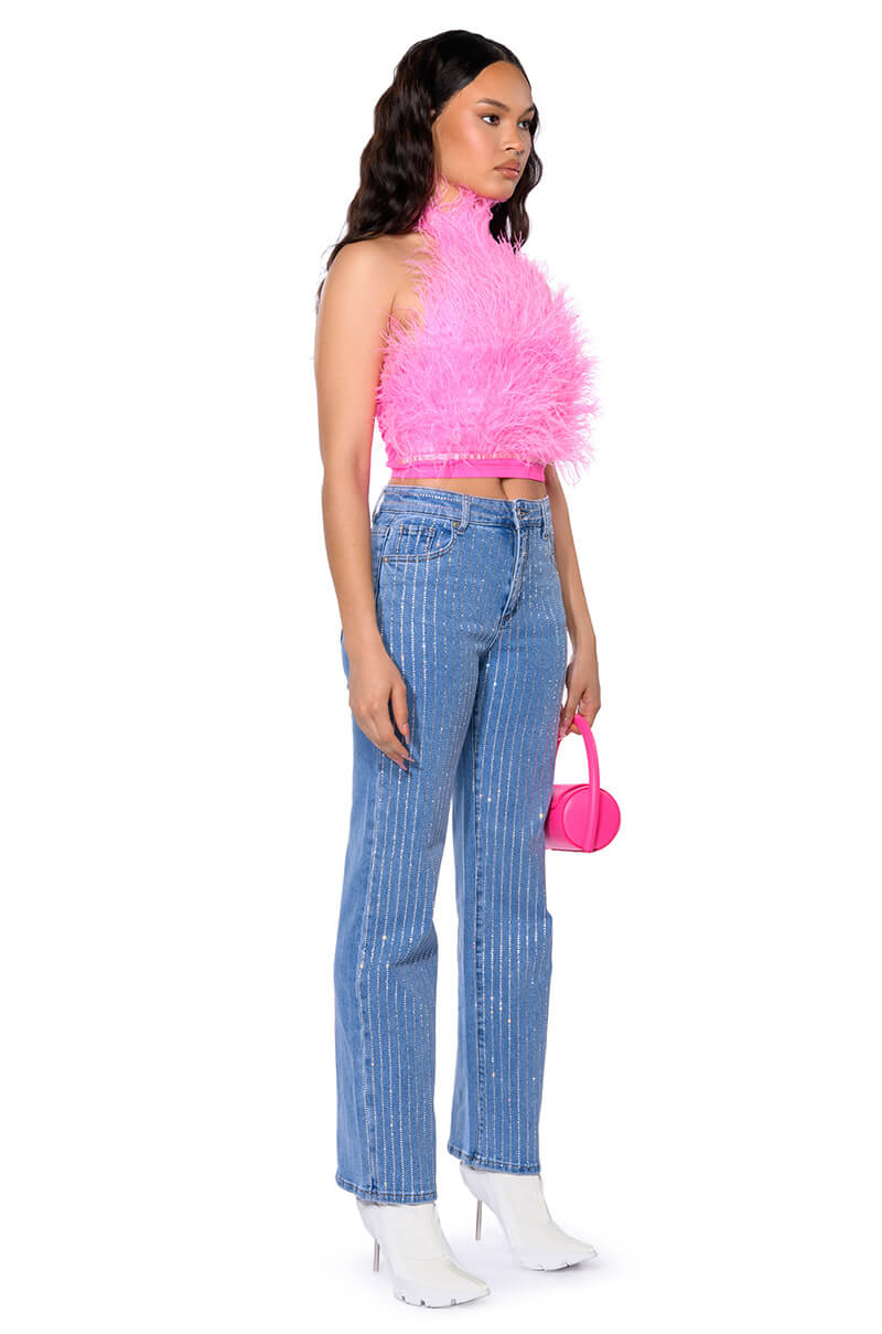 KICK BACK PINSTRIPE RHINESTONE WIDE LEG JEANS