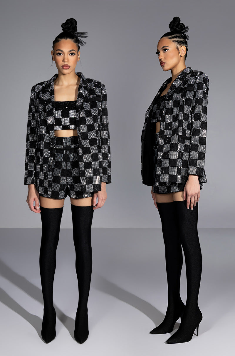POP STAR CHECKERED RHINESTONE SHORT